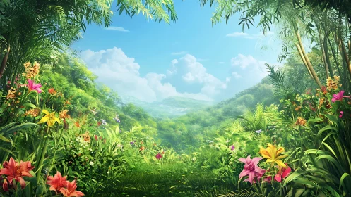 Sunlit jungle clearing whispers toward distant cloud hills