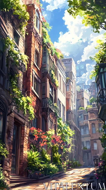 Sunlit garden alley where cozy city walls bloom with life.