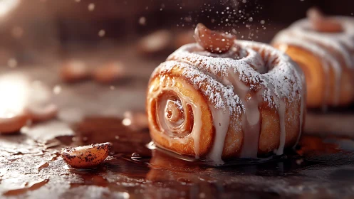 Glazed pastry spiral with powdered sugar dusting and gourmet presentation.