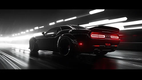 Midnight muscle car accelerates through neon tunnel rain.