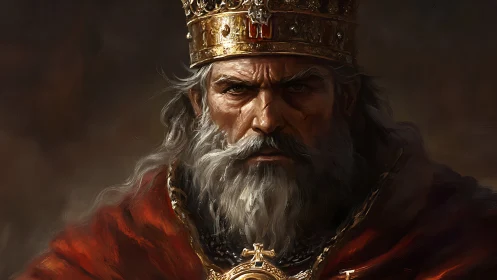 Storm-eyed elder king in ember-lit regalia of judgment.