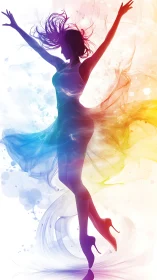 Silhouetted female figure in multicolored abstract motion.