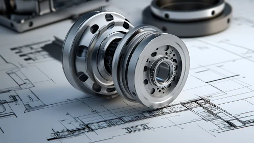 Cylindrical precision bearing assembly rendered on technical CAD blueprints