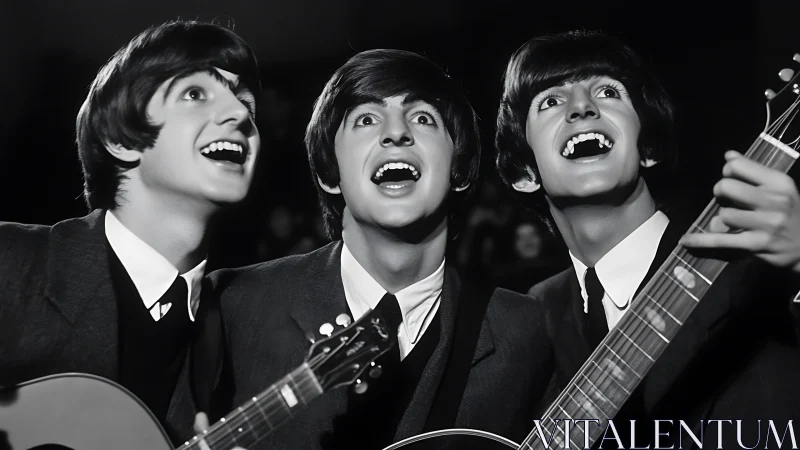 Three young guitarists singing together in close harmony