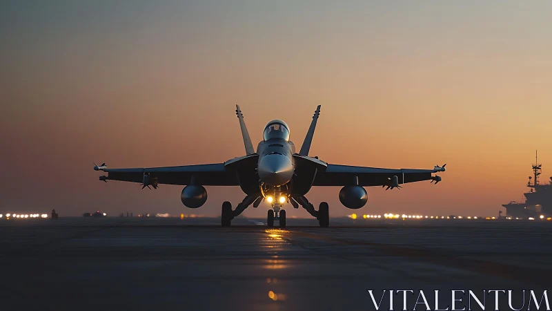 Carrier-based fighter jet under twilight runway illumination.