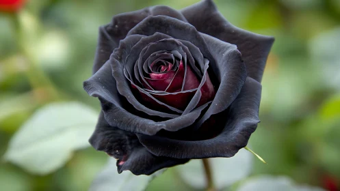 Close-up view of dark black rose with subtle red core.