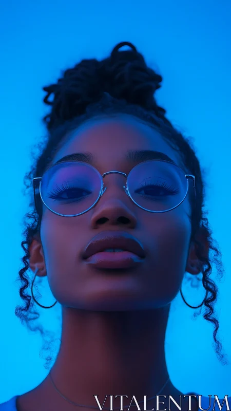 Neon-lit portrait with reflective glasses and cool blue glow.