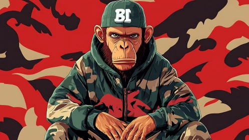 Camouflage-clad anthropomorphic ape rendered in bold vector shading