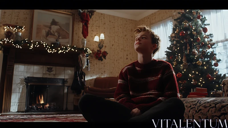 Young person near fireplace and decorated Christmas tree indoors.