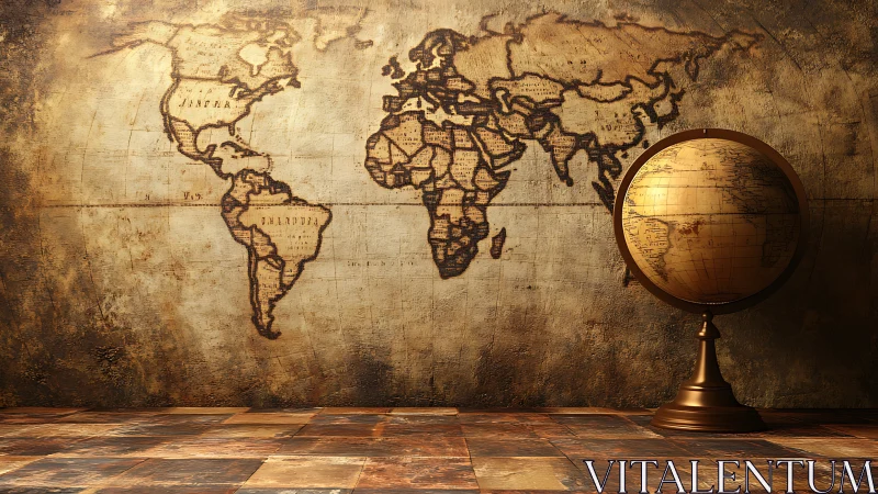 Vintage world map mural with illuminated brass globe.