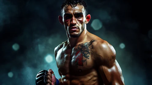 Photorealistic portrait of bruised MMA fighter under arena lights.