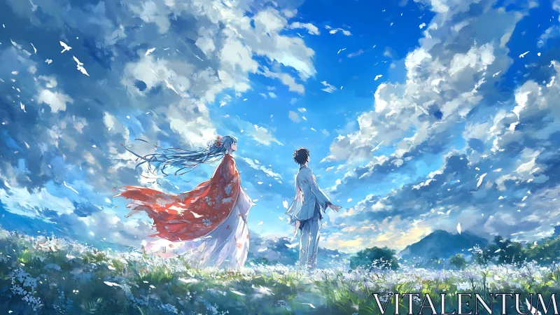 Two figures in windy flower field under expansive sky.