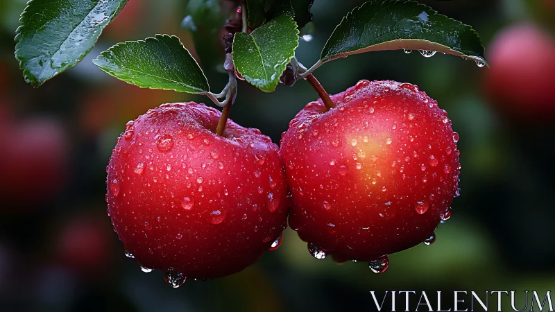 Dew-covered red apples hanging from tree branch at dawn.