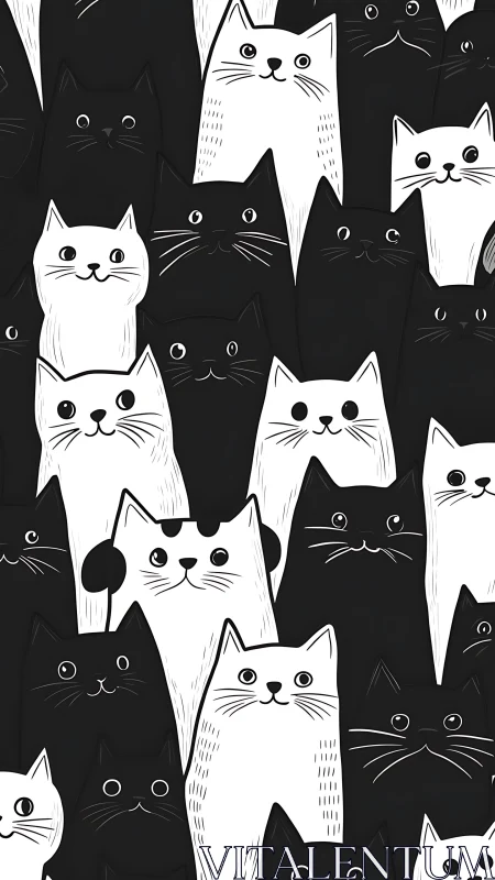 Black and white hand-drawn cat heads arranged in dense overlapping crowd composition