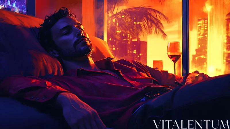 Neon-lit man reclines indoors under high-contrast orange and blue lighting