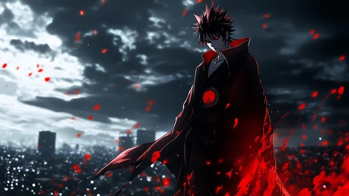 Dark cloaked anime figure over city with red energy field.