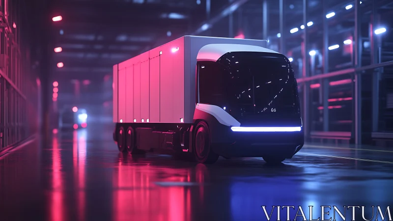 Futuristic electric truck glows in neon lit automated warehouse.