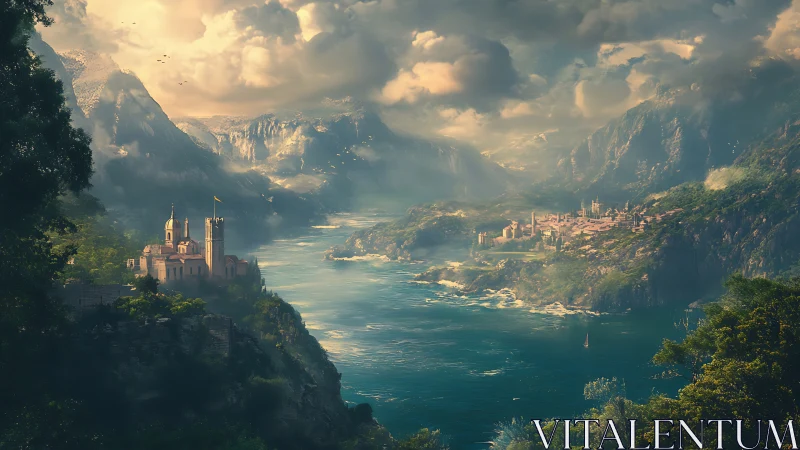 Dreamy riverside kingdoms nestled between glowing cliffs.