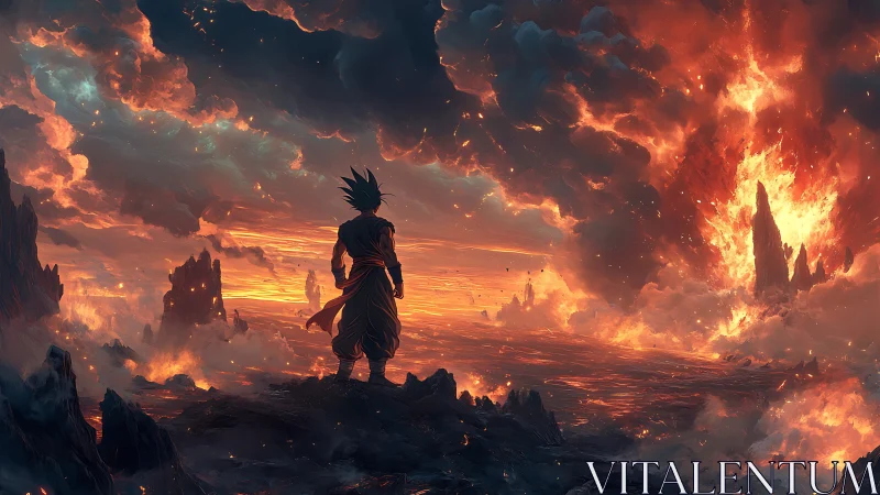 Storm-lit warrior gazes over a blazing molten horizon