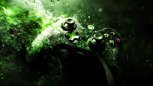 Illuminated gaming controller rendered in neon particle bloom