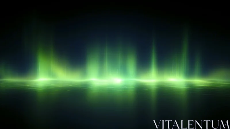 Neon aurora waves pulse above glassy reflective waterline.