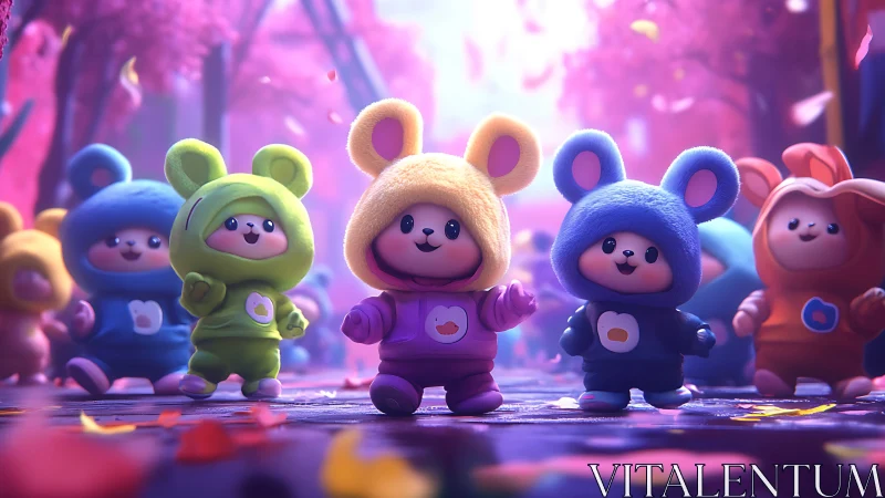 Cuddly forest parade of pastel critters in cozy suits.