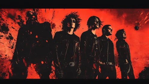 Storm-lit rock silhouettes march through a crimson inferno.