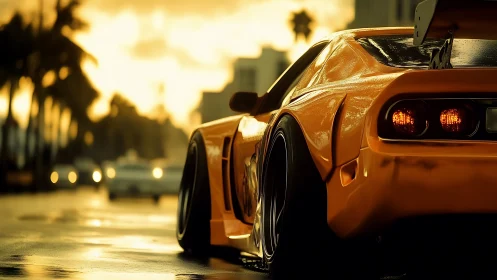 Golden-hour street racer glows on rain-slick city asphalt.