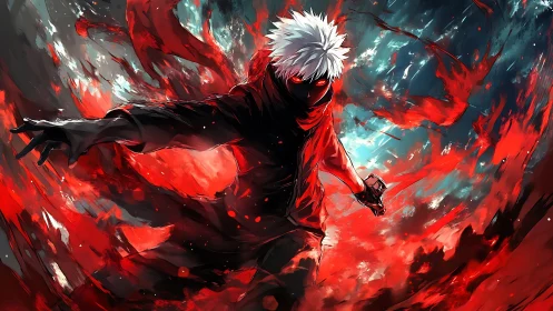 Storm of crimson energy swirling around masked hero.