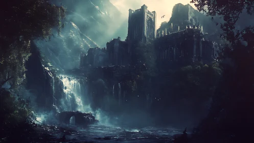 Ruined gothic fortress above misty river and falls.