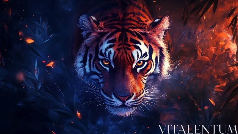 Tiger portrait in vivid blue and orange digital lighting.