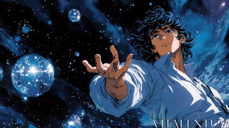 Celestial vector boy amid refractive stellar bubblescape.