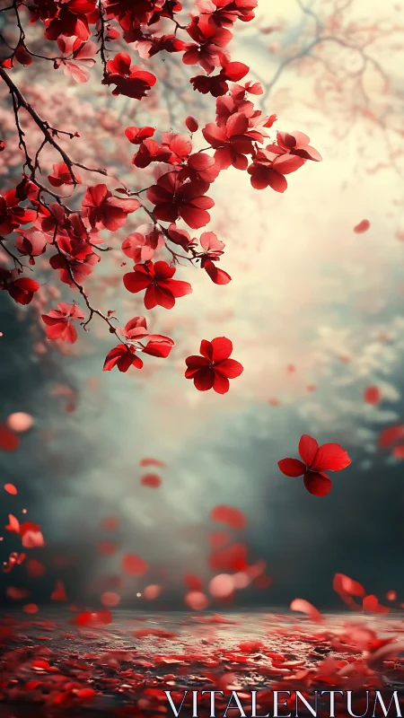 Red blossoms and petals above reflective surface in mist.