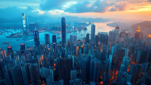 Dense harbor city skyline under blue and orange dusk light.