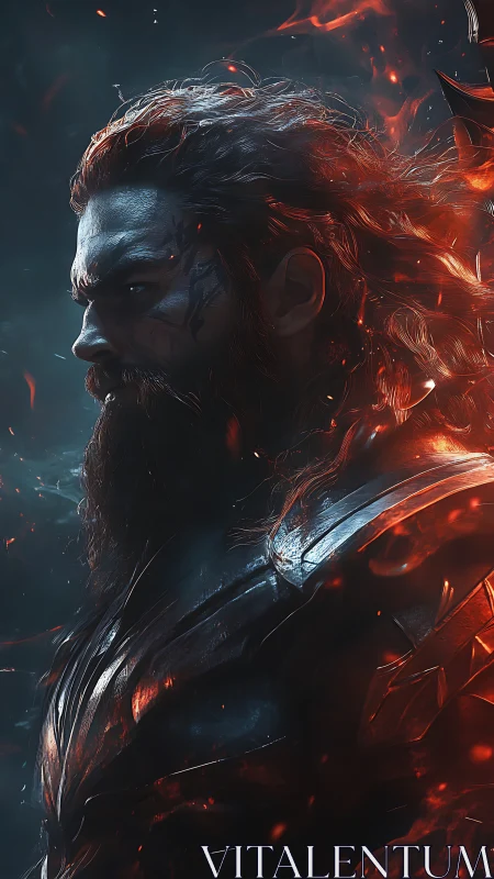 Fiery armored warrior rendered in dramatic side profile.