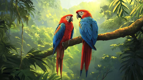 Vibrant Scarlet Macaws on Branch in Lush Digital Jungle Art.
