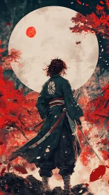 Samurai figure stands before full moon and red foliage