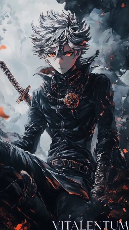 Storm-eyed rogue on a smoldering dusk battlefield.