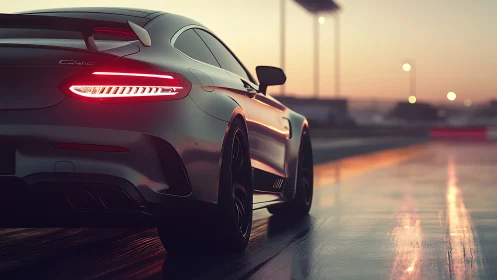 Sleek sports car glowing warmly on a sunset racetrack.