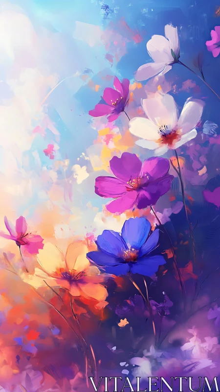 Multicolored cosmos flowers bloom amid luminous atmospheric haze