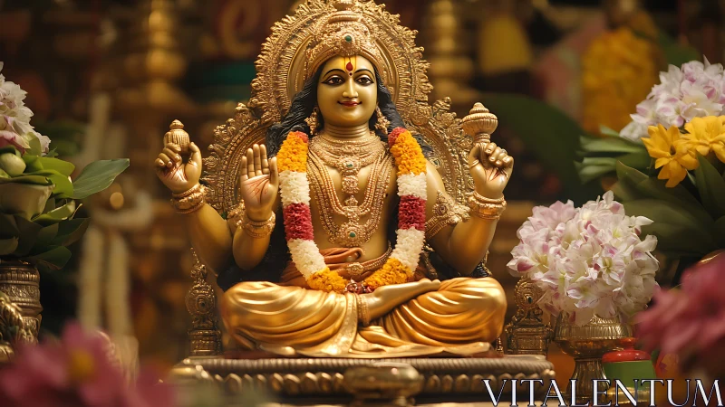 Golden Hindu goddess statue sits adorned with flowers and lamps