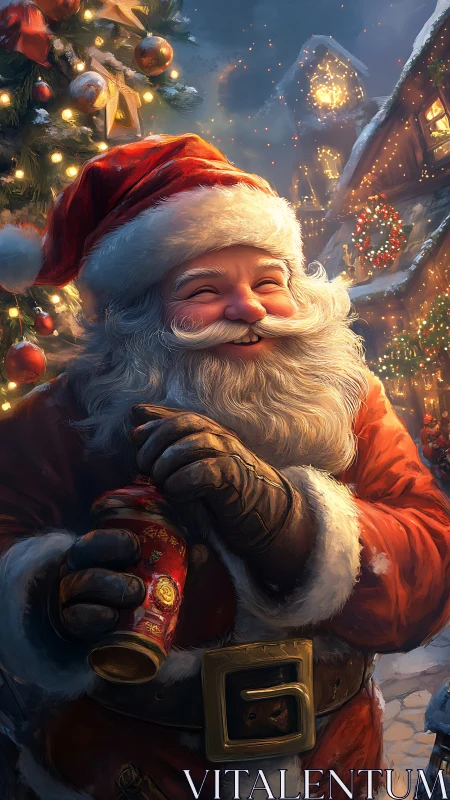 Digital painting portrait of festive Santa in warm bokeh light.