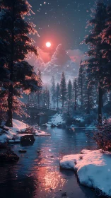 Snow-covered river forest under red moonlit sky at dusk.