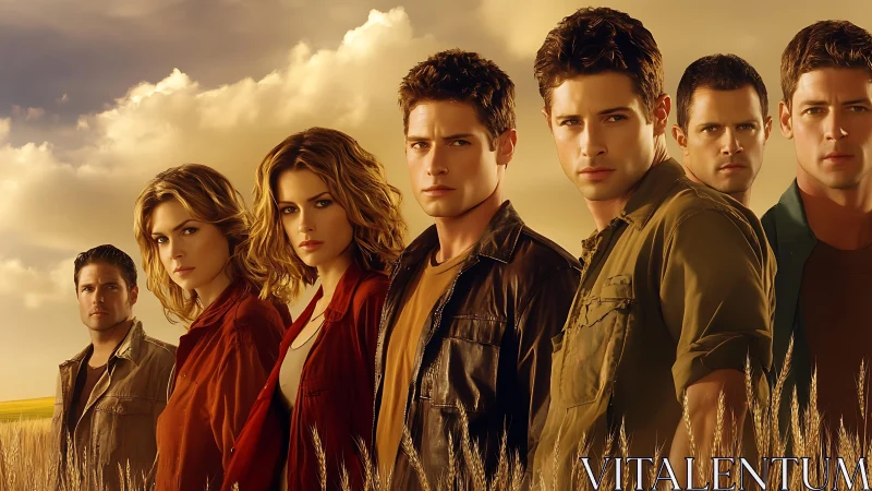 Group of people standing in wheat field under cloudy sky.
