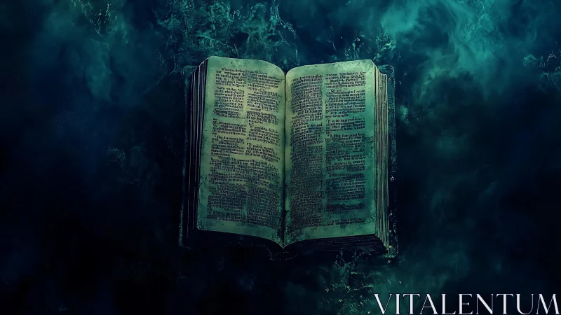 Ancient illuminated grimoire floats in ethereal teal mist