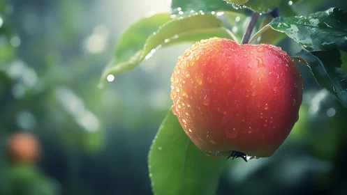 Rain-kissed apple glows on a dreamy garden morning.