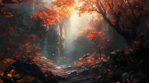 Autumn Forest Path with Golden Sunlight