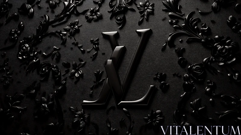 Monogram initials within black floral relief surface.