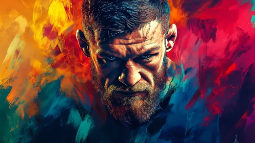 Intense male portrait amid vivid abstract color storm.