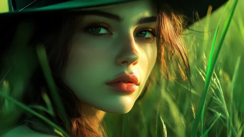 Greenfire gaze cuts through the meadow’s glowing hush